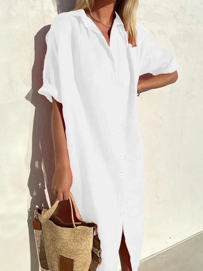 Robe élégante et décontractée femme à manches larges et boutons Robe coton et lin