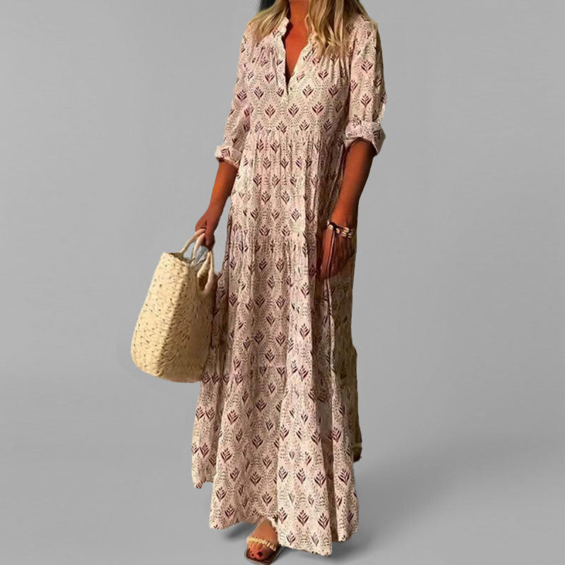 Robe maxi bohème à col en V – Tissu léger et manches 3/4