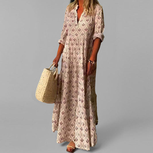 Robe maxi bohème à col en V – Tissu léger et manches 3/4