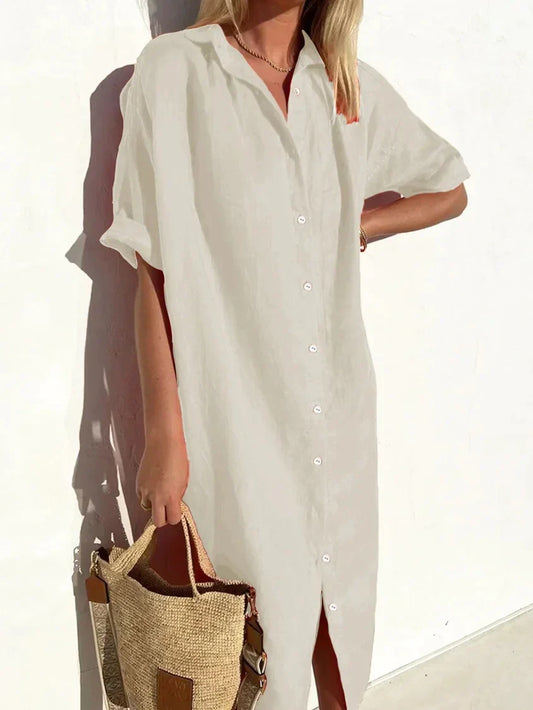Robe élégante et décontractée femme à manches larges et boutons Robe coton et lin