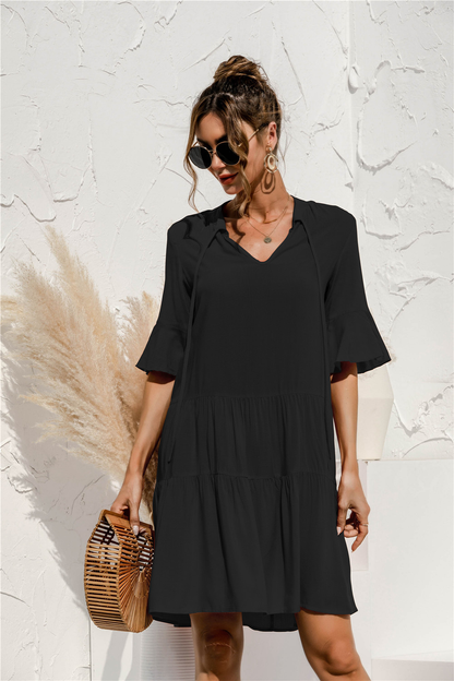 Robe Mini Femme à Col V – Style Été Taille Basse à Volants