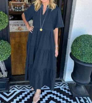 Robe longue à volants décontractée pour femme – Robe à manches courtes et col en V avec poches