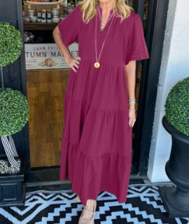 Robe longue à volants décontractée pour femme – Robe à manches courtes et col en V avec poches