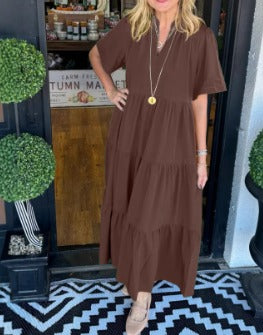 Robe longue à volants décontractée pour femme – Robe à manches courtes et col en V avec poches