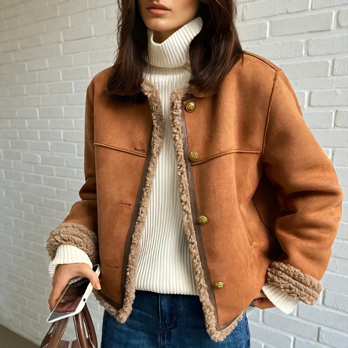 Veste d'hiver pour femmes premium doublée en polaire – Manteau épais marron à col rond