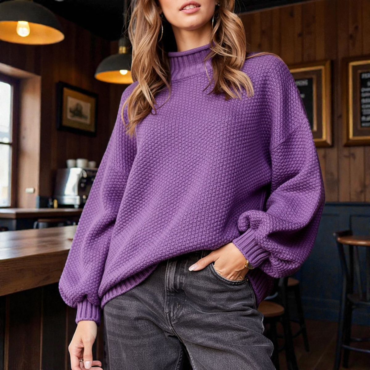 Pull Col Roulé Côtelé Élégant Femme – Maille Épaisse à Manches Longues