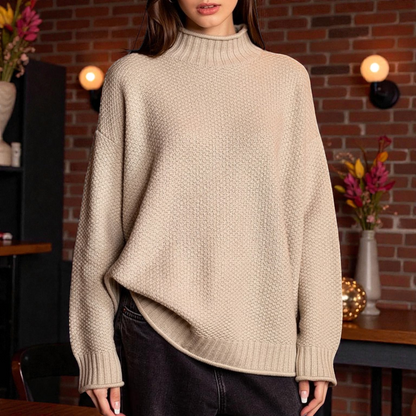 Pull Col Roulé Côtelé Élégant Femme – Maille Épaisse à Manches Longues