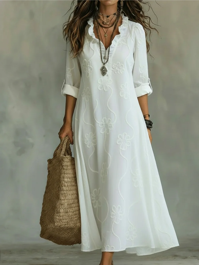 Maxi Embroidered Shirt Dress for Women with V-Neck – Loose Fit Cotton Linen Casual