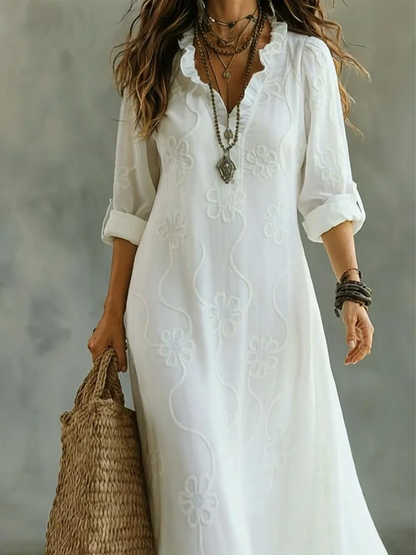Maxi Embroidered Shirt Dress for Women with V-Neck – Loose Fit Cotton Linen Casual