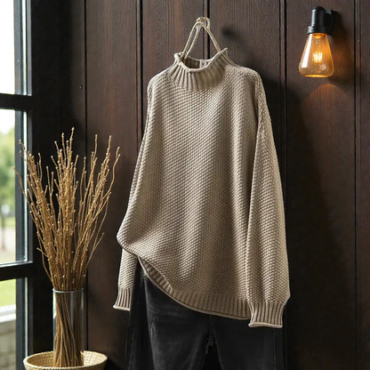 Pull Col Roulé Côtelé Élégant Femme – Maille Épaisse à Manches Longues