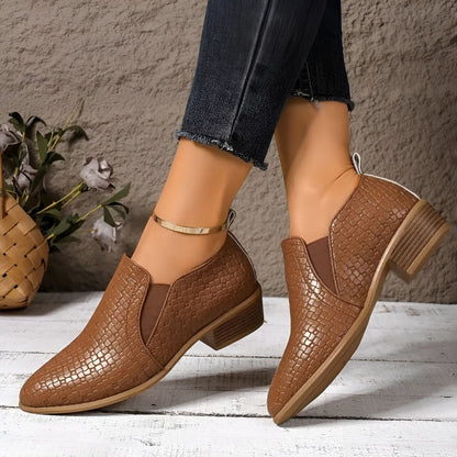 Chaussures Oxford Femme en Cuir Tressé Noir – Talon Bloc À enfiler