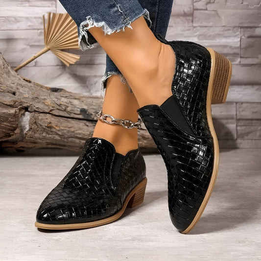 Chaussures Oxford Femme en Cuir Tressé Noir – Talon Bloc À enfiler
