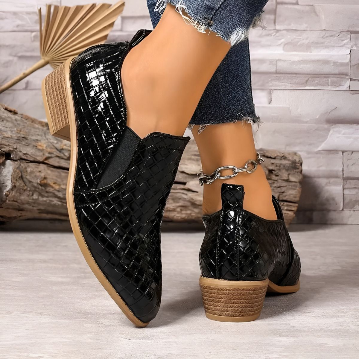 Women's Black Woven Leather Oxford Shoes – Block Heel Slip-On