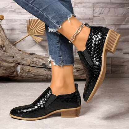 Chaussures Oxford Femme en Cuir Tressé Noir – Talon Bloc À enfiler