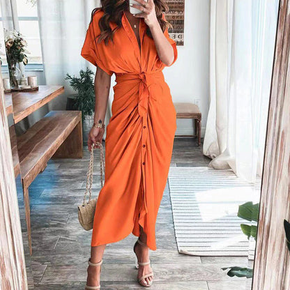 Robe Midi Satinée Femme Boutonnée Col V – Détail Taille Froncée Manches Longues