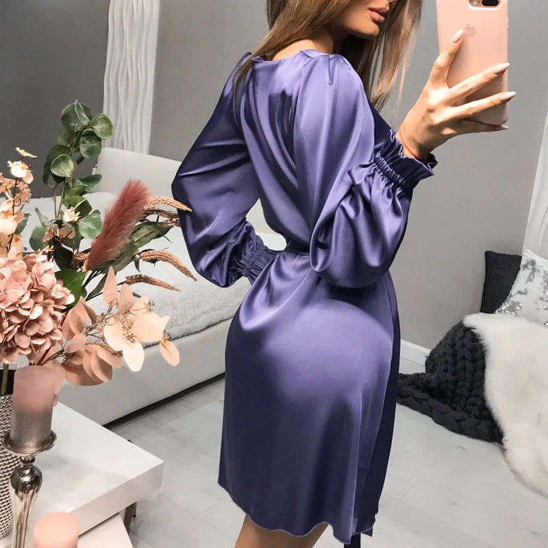 Robe Mini Satin Élégante Femme – Style Classique Chic à Manches Longues