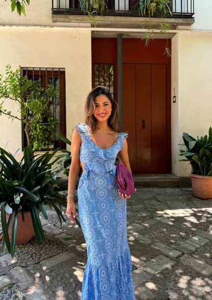 Abito maxi ricamato da donna con schiena scoperta – Elegante ed estivo