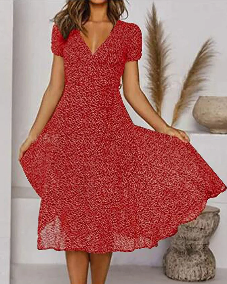 Robe Midi Évasée Élégante Femme – Manches Courtes Col V Style