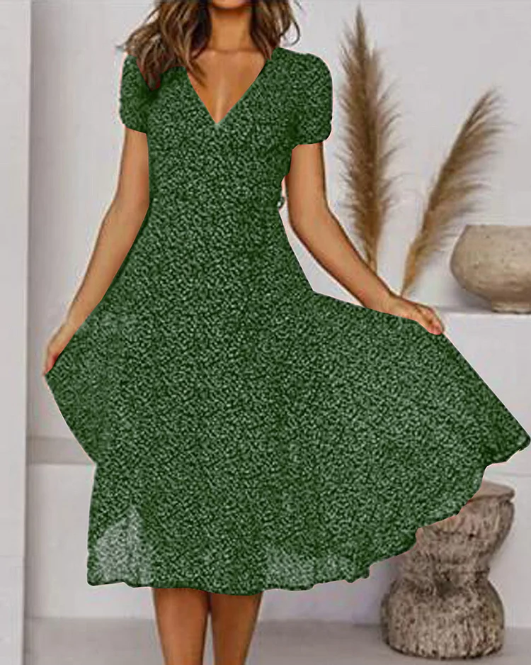Robe Midi Évasée Élégante Femme – Manches Courtes Col V Style