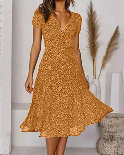 Robe Midi Évasée Élégante Femme – Manches Courtes Col V Style
