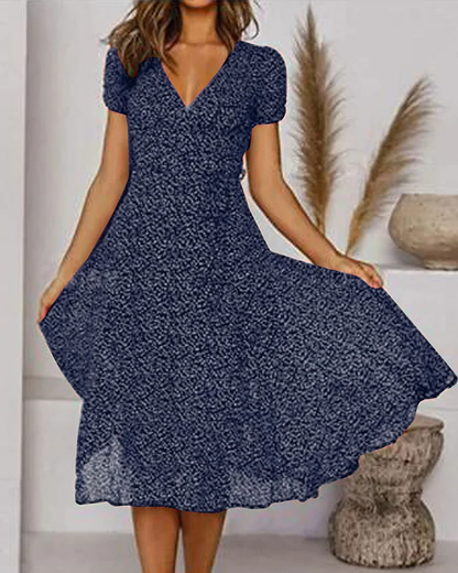Robe Midi Évasée Élégante Femme – Manches Courtes Col V Style
