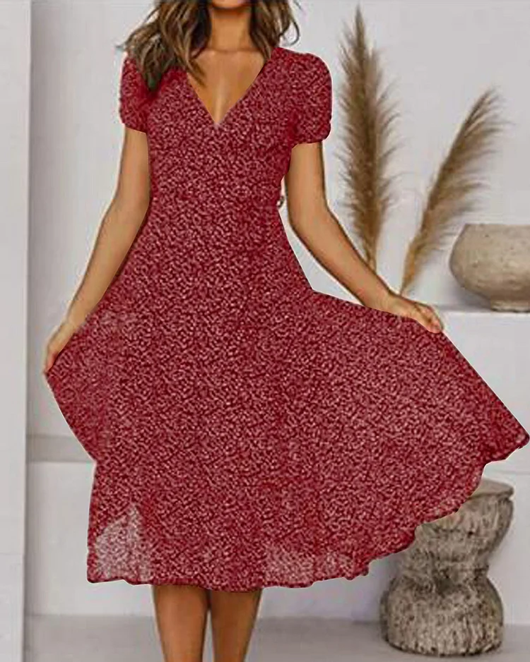 Robe Midi Évasée Élégante Femme – Manches Courtes Col V Style