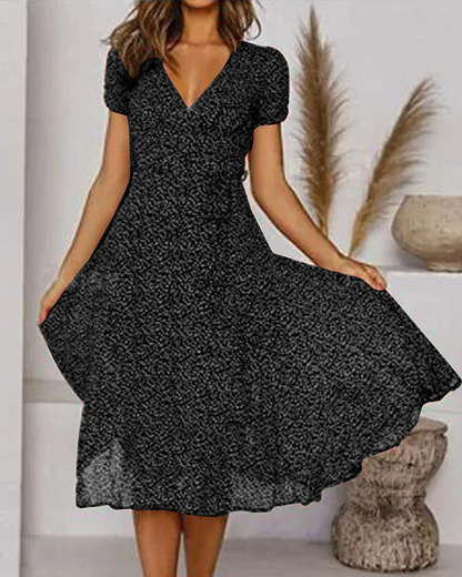 Robe Midi Évasée Élégante Femme – Manches Courtes Col V Style