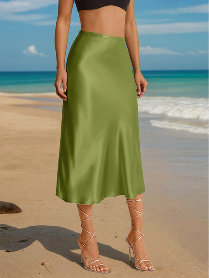 Jupe midi satinée taille haute élégante et stylée femme – Jupe fluide légère soyeuse pour tenues formelles, bureau ou décontractées