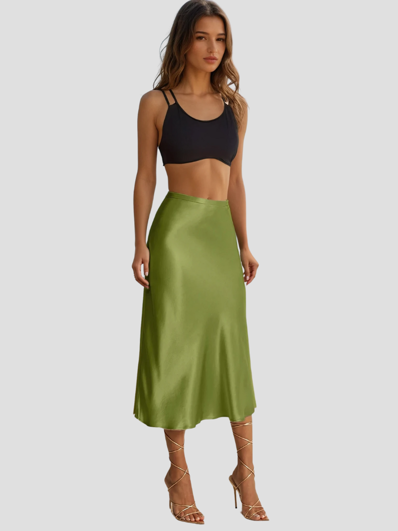 Jupe midi satinée taille haute élégante et stylée femme – Jupe fluide légère soyeuse pour tenues formelles, bureau ou décontractées