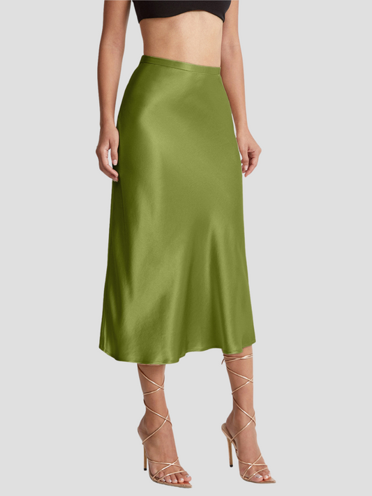 Jupe midi satinée taille haute élégante et stylée femme – Jupe fluide légère soyeuse pour tenues formelles, bureau ou décontractées