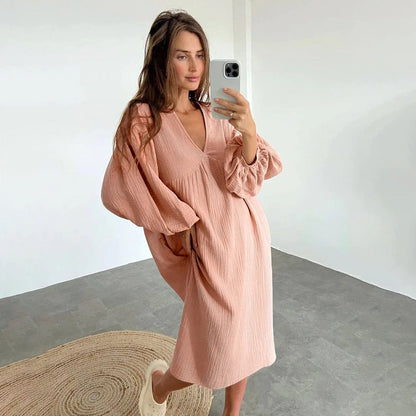 Robe Midi Décontractée pour Femme – Robe Ample à Col en V