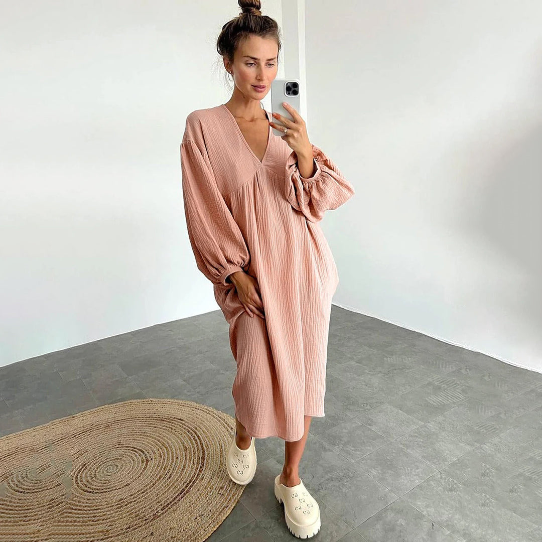 Robe Midi Décontractée pour Femme – Robe Ample à Col en V