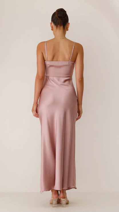 Robe longue en satin pour femme – Bretelles spaghetti, fente haute, style élégant pour les soirées