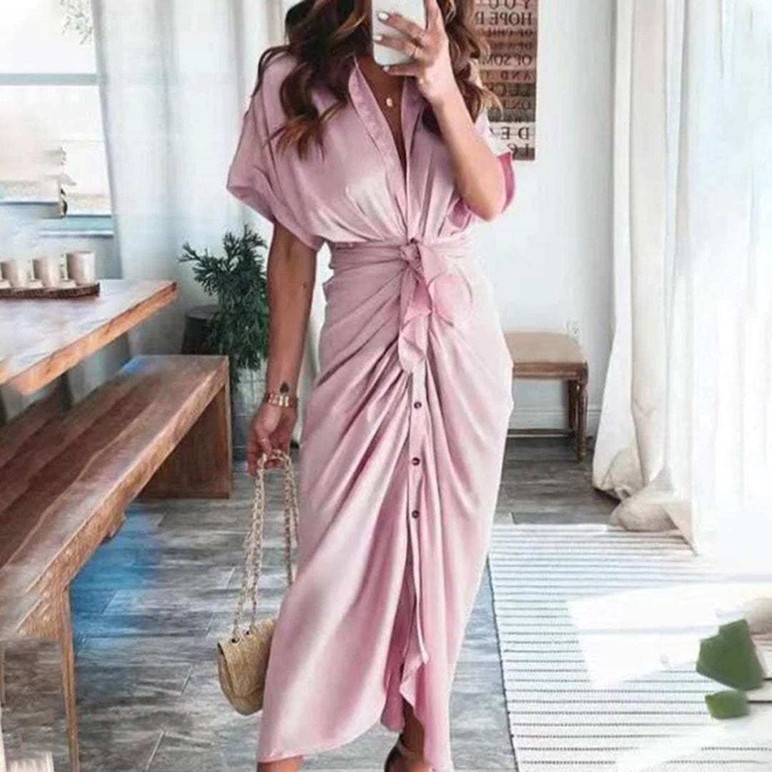 Robe Midi Satinée Femme Boutonnée Col V – Détail Taille Froncée Manches Longues