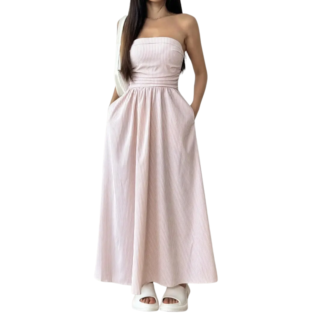 Women's Striped Maxi Dress with Bustier and Pockets - Light and Summery