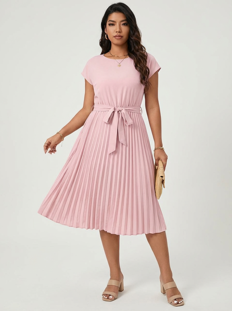 Robe midi plissée femme – Ceinturée et élégante