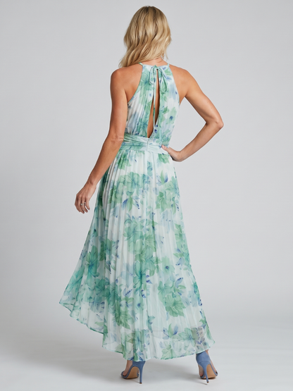 Robe midi fleurie femme plissee col halter - Raffinee et legere