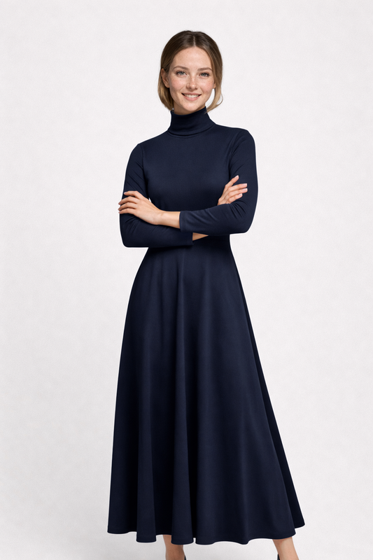 Navy Blue Knit Mid-Length Dress for Women – Elegant A-Line Cut with High Neck and Long Sleeves