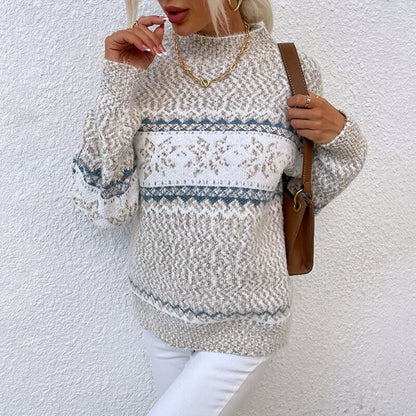Pull vintage à col roulé avec flocons pour femme – Maille confortable