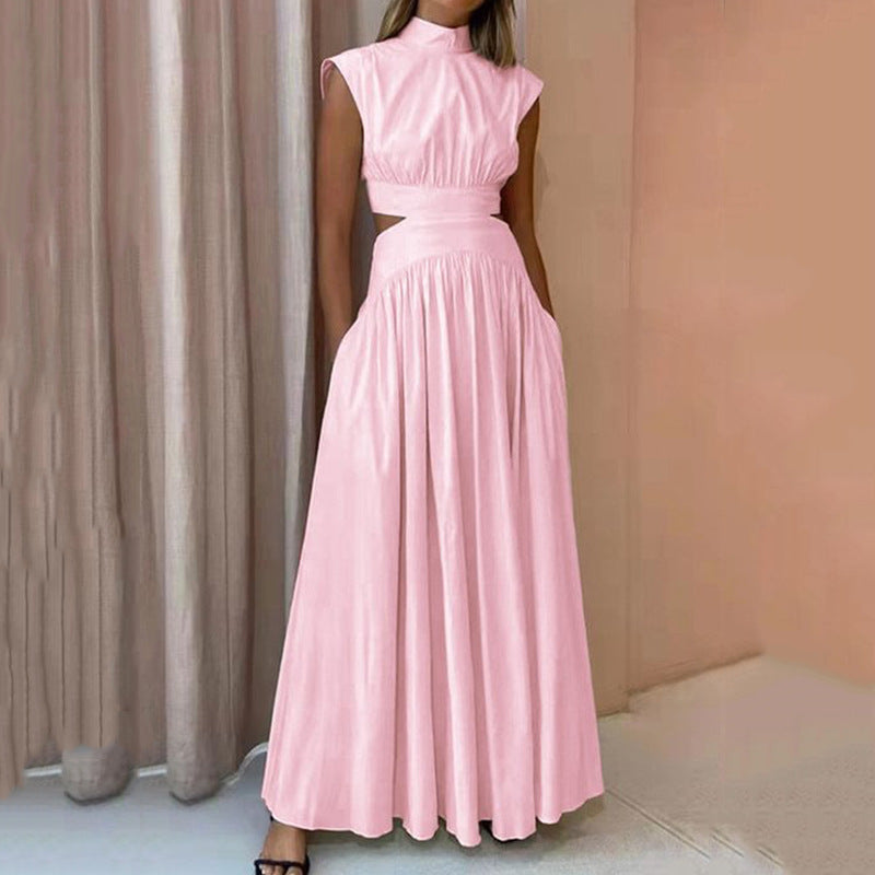 Robe Maxi Sans Manches Col Montant Femme – Style Plissé Fluide avec Découpes