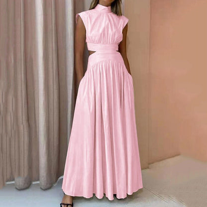 Robe Maxi Sans Manches Col Montant Femme – Style Plissé Fluide avec Découpes