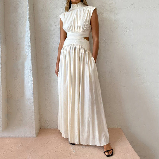 Sleeveless Long Dress with High Neck for Women – Flowing Pleated Style with Cutouts