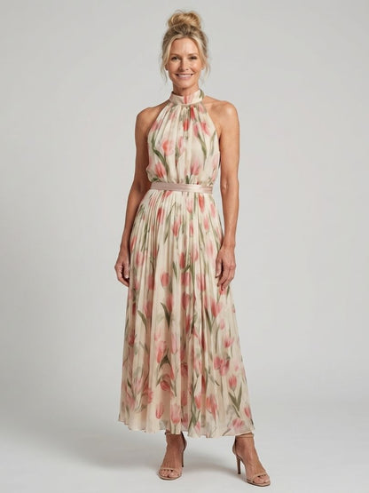 Women's Floral Midi Dress with Halter Neck - Elegant and Summery