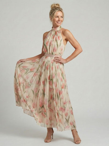 Women's Floral Midi Dress with Halter Neck - Elegant and Summery
