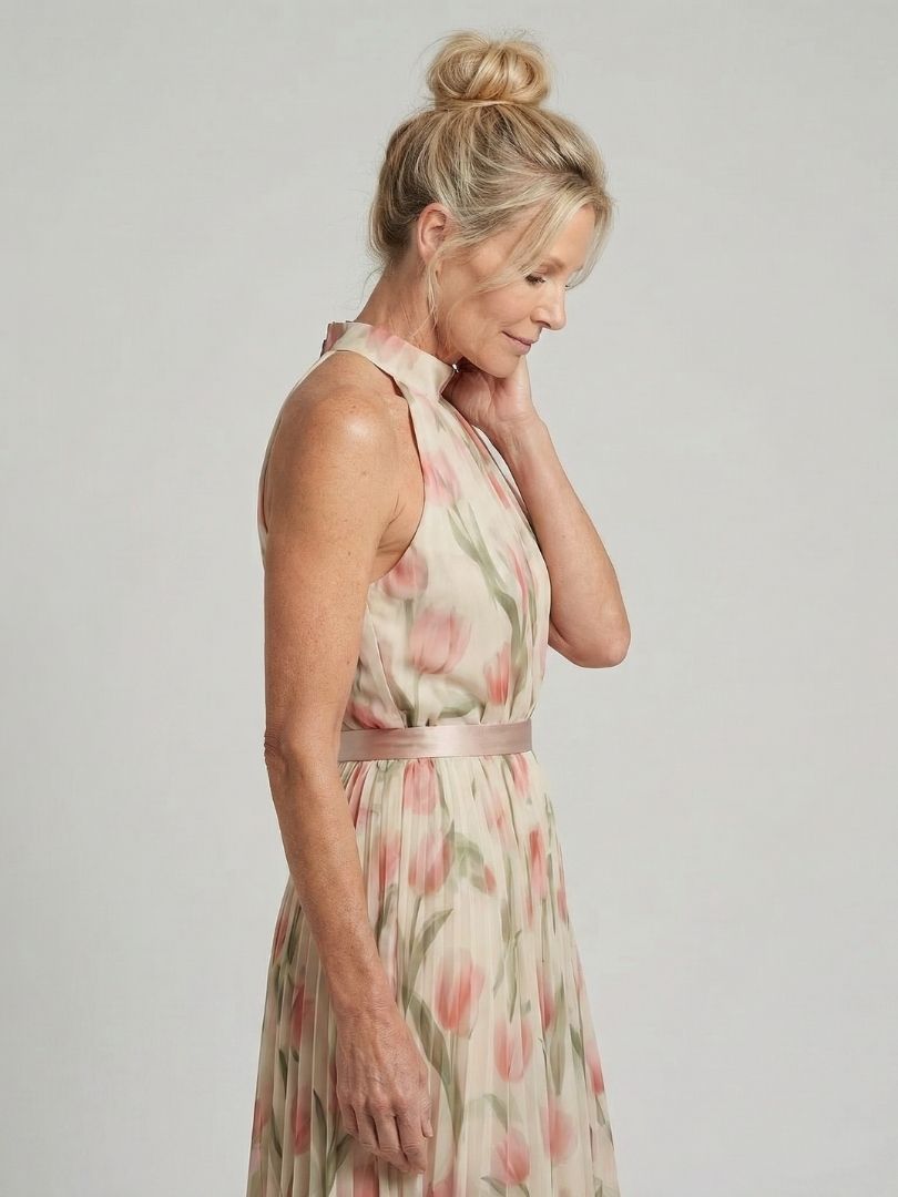 Women's Floral Midi Dress with Halter Neck - Elegant and Summery