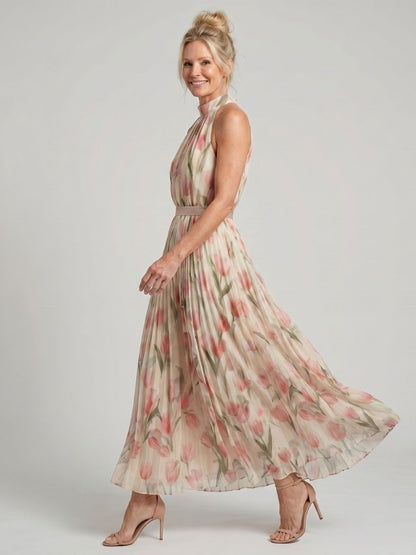 Women's Floral Midi Dress with Halter Neck - Elegant and Summery