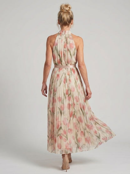 Women's Floral Midi Dress with Halter Neck - Elegant and Summery
