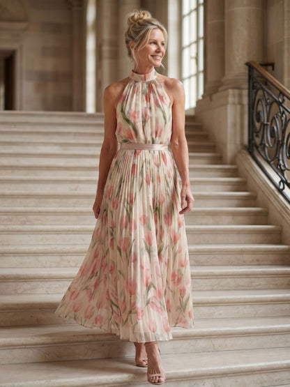 Women's Floral Midi Dress with Halter Neck - Elegant and Summery