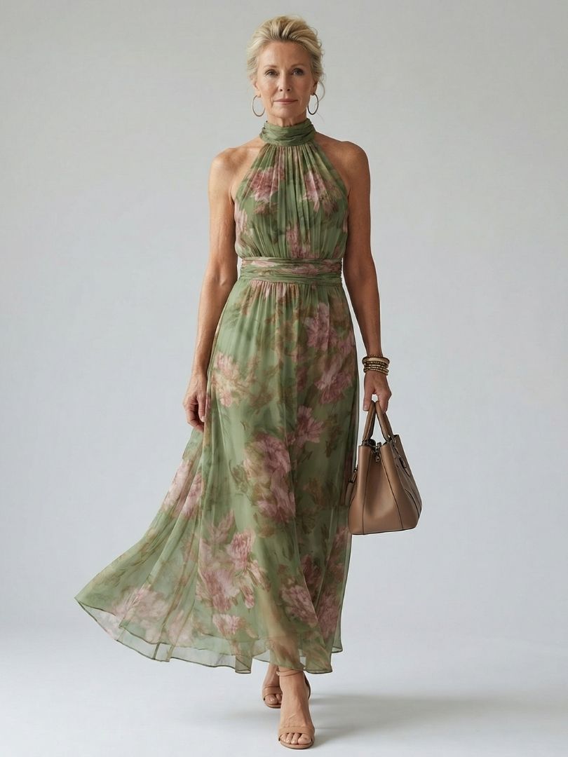 Women's Ruched Midi Dress with Halter Neck - Elegant and Feminine