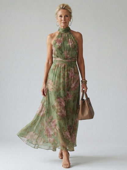 Women's Ruched Midi Dress with Halter Neck - Elegant and Feminine